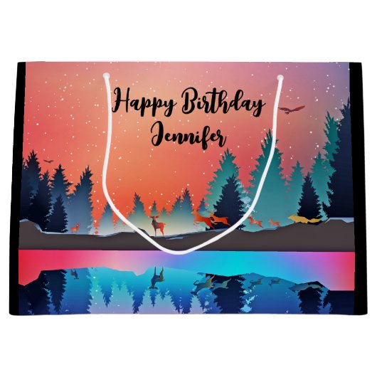 風光明媚な冬の湖と鹿誕生日 ラージペーパーバッグ (正面)