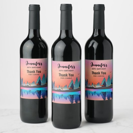 風光明媚な冬の湖と鹿誕生日 ワインラベル (ボトル)