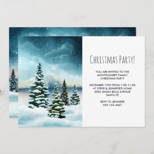 風光明媚な冬ワンダーランドウォーターカラーアートパーティー 招待状 (正面/裏面)