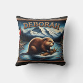 風光明媚な山々の近くに国旗を持つカナダビーバー クッション (裏面)