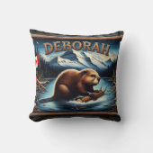 風光明媚な山々の近くに国旗を持つカナダビーバー クッション (正面)