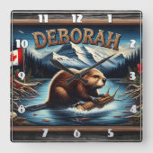 風光明媚な山々の近くに国旗を持つカナダビーバー スクエア壁時計 (正面)