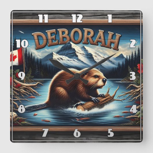 風光明媚な山々の近くに国旗を持つカナダビーバー スクエア壁時計 (正面)
