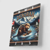 風光明媚な山々の近くに国旗を持つカナダビーバー スクエア壁時計 (傾斜)