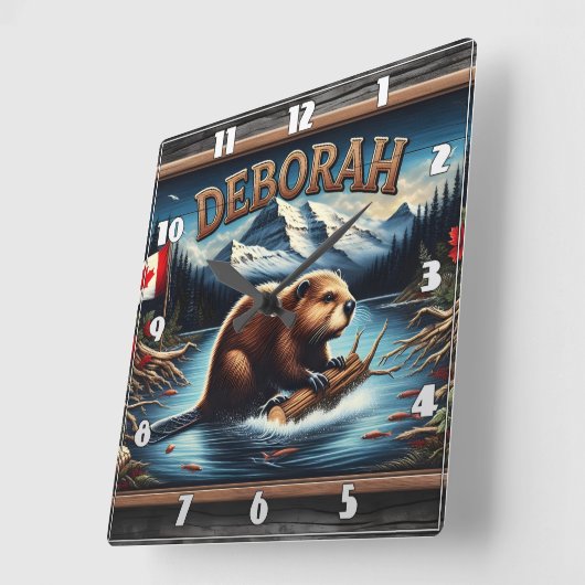 風光明媚な山々の近くに国旗を持つカナダビーバー スクエア壁時計 (傾斜)