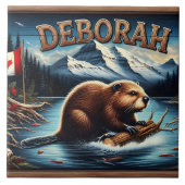 風光明媚な山々の近くに国旗を持つカナダビーバー タイル (正面)