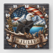 風光明媚な山と旗を持つアメリカワシ スクエア壁時計 (正面)