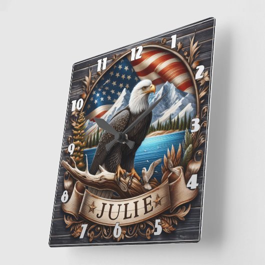 風光明媚な山と旗を持つアメリカワシ スクエア壁時計 (傾斜)