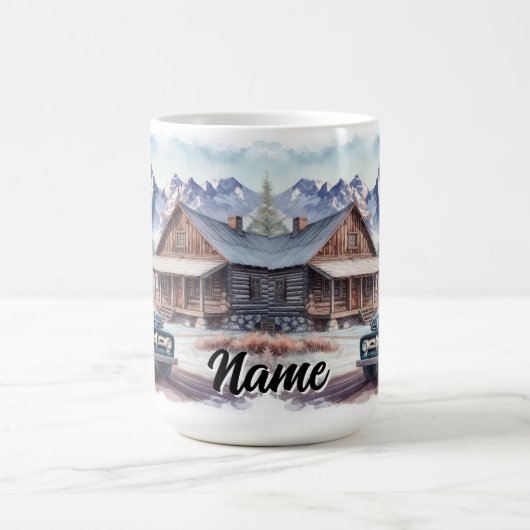 風光明媚な山のヴィンテージキャビンと古いトラック コーヒーマグカップ (中央)