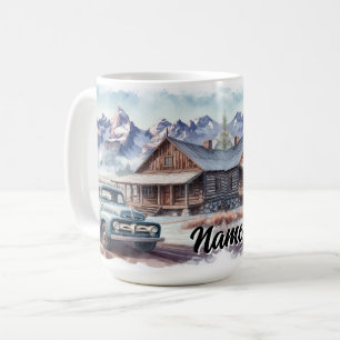 風光明媚な山のヴィンテージキャビンと古いトラック コーヒーマグカップ