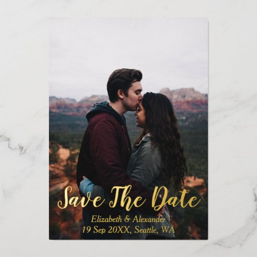 風光明媚な山の日付カードを保存 箔招待状 (正面)