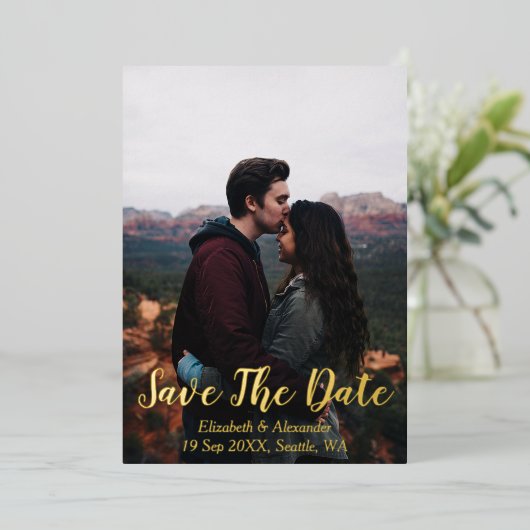 風光明媚な山の日付カードを保存 箔招待状 (立ち正面)