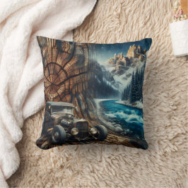 風光明媚な山の風景で川のヴィンテージカー クッション