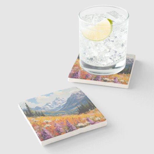風光明媚な山花と山のファインアート ストーンコースター (横)