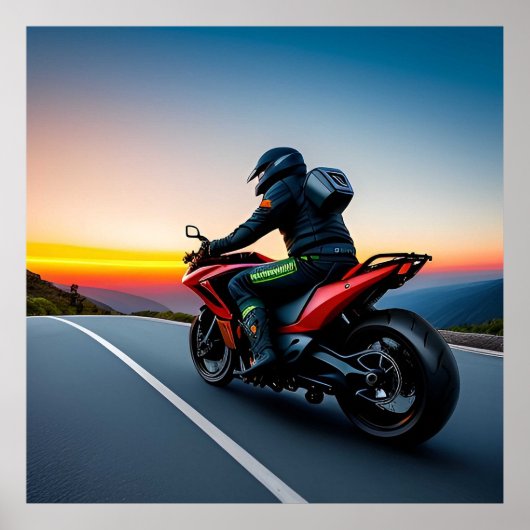風光明媚な山道に乗るオートバイ ポスター (正面)