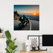 風光明媚な山道に乗るオートバイ ポスター (ホームオフィス)