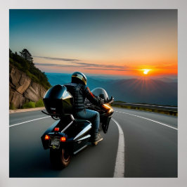 風光明媚な山道に乗るオートバイ ポスター