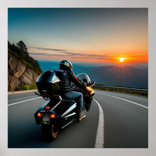 風光明媚な山道に乗るオートバイ ポスター (正面)
