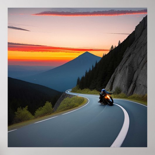 風光明媚な山道に乗るオートバイ ポスター (正面)