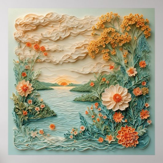 風光明媚な日の出の上の穏やかな海 ポスター (正面)