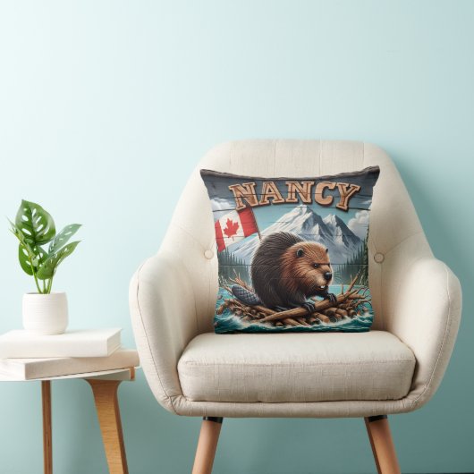 風光明媚な景色で旗を掲げた筏に乗ったビーバー クッション (椅子)