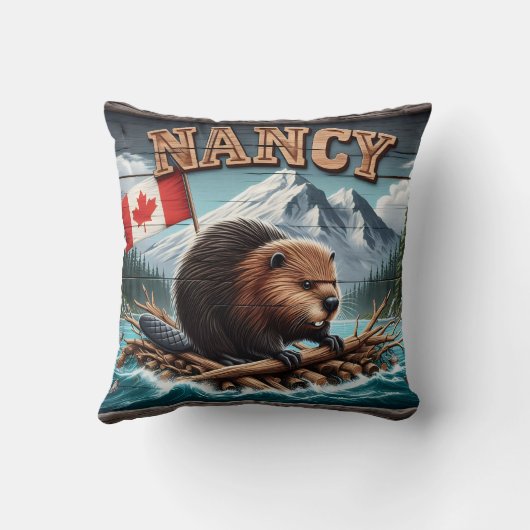 風光明媚な景色で旗を掲げた筏に乗ったビーバー クッション (裏面)