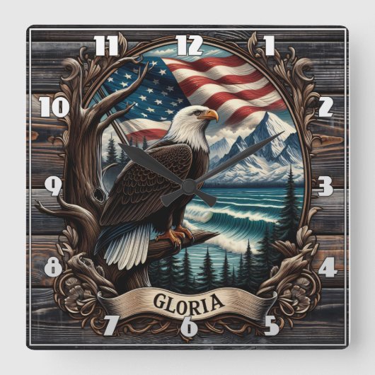風光明媚な景色に対するハゲのワシ スクエア壁時計 (正面)