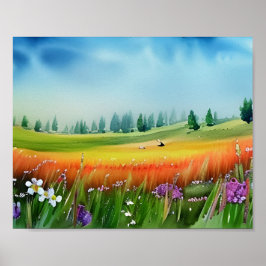風光明媚な水彩草原 ポスター