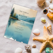 風光明媚な水色の松の木の湖の結婚式の招待 招待状