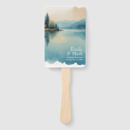 風光明媚な水色の松の木の湖プログラムハンドファン ハンドファン