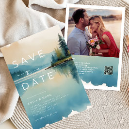 風光明媚な水色パインツリーレイクサイド日付を保存 招待状