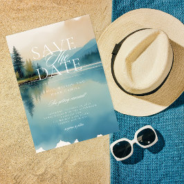 風光明媚な水色パインツリーレイクサイド日付を保存 招待状