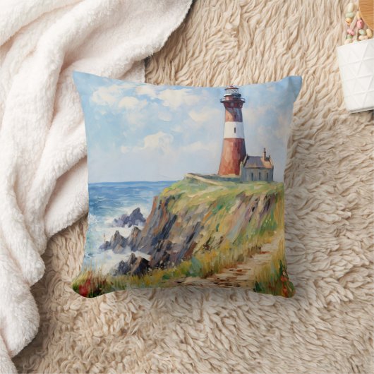 風光明媚な海岸の灯台 – 印象派芸術 クッション (ブランケット)