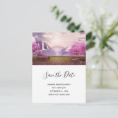 風光明媚な滝とさくらんぼの木々日付を保存 インビテーションポストカード (スタンド正面)