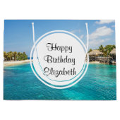 風光明媚な熱帯ビーチと草葺き小屋誕生日 ラージペーパーバッグ (正面)