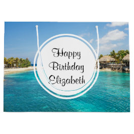 風光明媚な熱帯ビーチと草葺き小屋誕生日 ラージペーパーバッグ