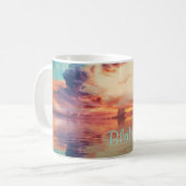 風光明媚な熱気球サンライズティール（緑がかった色）あなたの名前マグカップ コーヒーマグカップ (正面左)