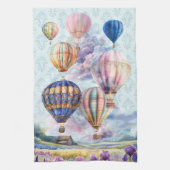 風光明媚な田園地帯に熱気球 キッチンタオル (縦)