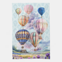 風光明媚な田園地帯に熱気球 キッチンタオル
