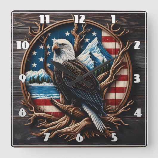 風光明媚な背景に立ち向かうアメリカのワシ スクエア壁時計 (正面)