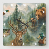 風光明媚な自然鹿、クマ、アヒル、野生生物林 スクエア壁時計 (正面)