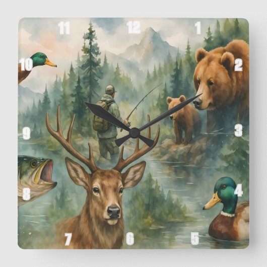 風光明媚な自然鹿、クマ、アヒル、野生生物林 スクエア壁時計 (正面)