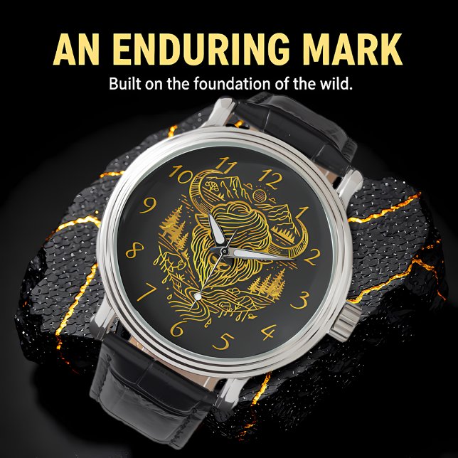 風光明媚な風景のバイソンバッファローイラストレーション 腕時計 (クリエイターアップロード済み)