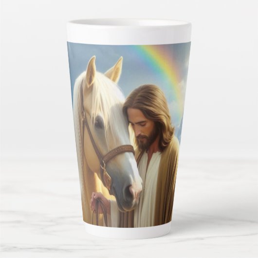風光明媚な風景の中でパロミノの馬を持つイエス カフェラテマグ (正面)