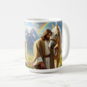 風光明媚な風景の中でパロミノの馬を持つイエス コーヒーマグカップ (正面右)