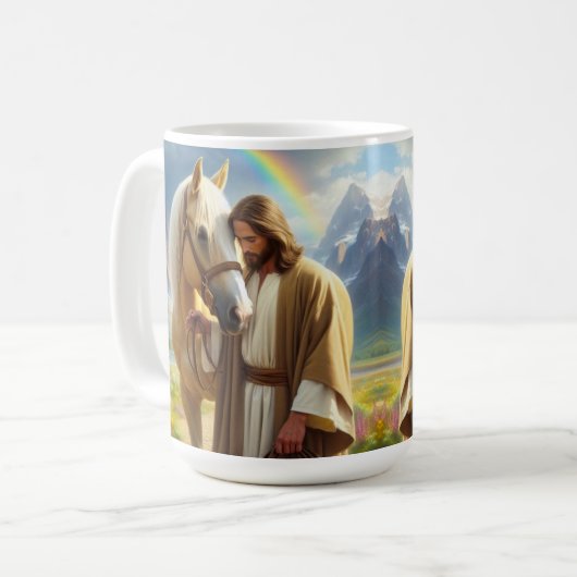 風光明媚な風景の中でパロミノの馬を持つイエス コーヒーマグカップ (正面左)