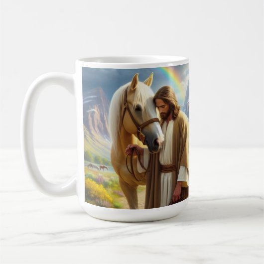 風光明媚な風景の中でパロミノの馬を持つイエス コーヒーマグカップ (左)