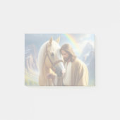 風光明媚な風景の中でパロミノの馬を持つイエス ポストイット (正面)