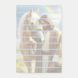 風光明媚な風景の中でパロミノの馬を持つイエス ポストイット