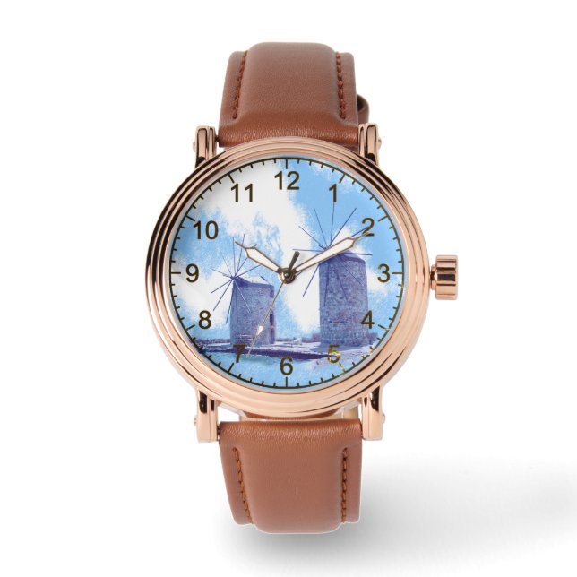 風光明媚な風車風景 腕時計 (正面)